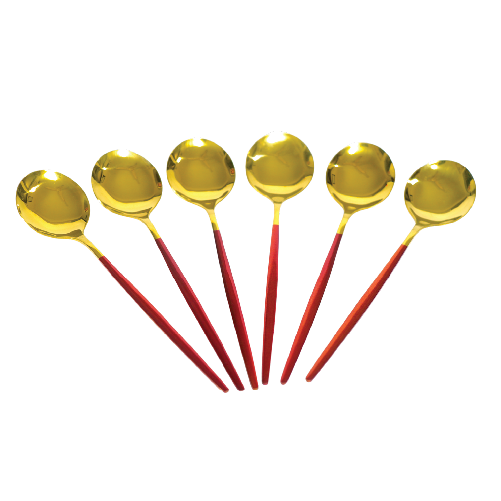 Royal Gold Red Handle Soup Spoon Set (6 Pieces)