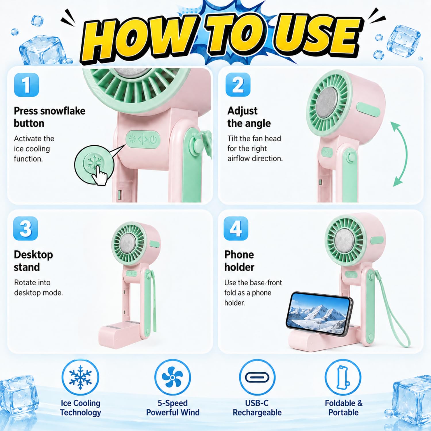 Ice Cooling Folding Fan – 180° Foldable Portable Mini Fan thumbnail 5