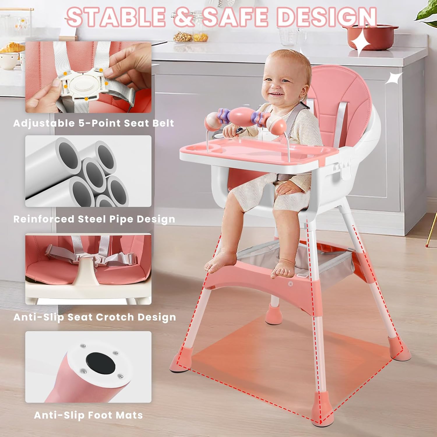 Premium Baby Dining High Chair with Safety Belt & Feeding Tray thumbnail 12
