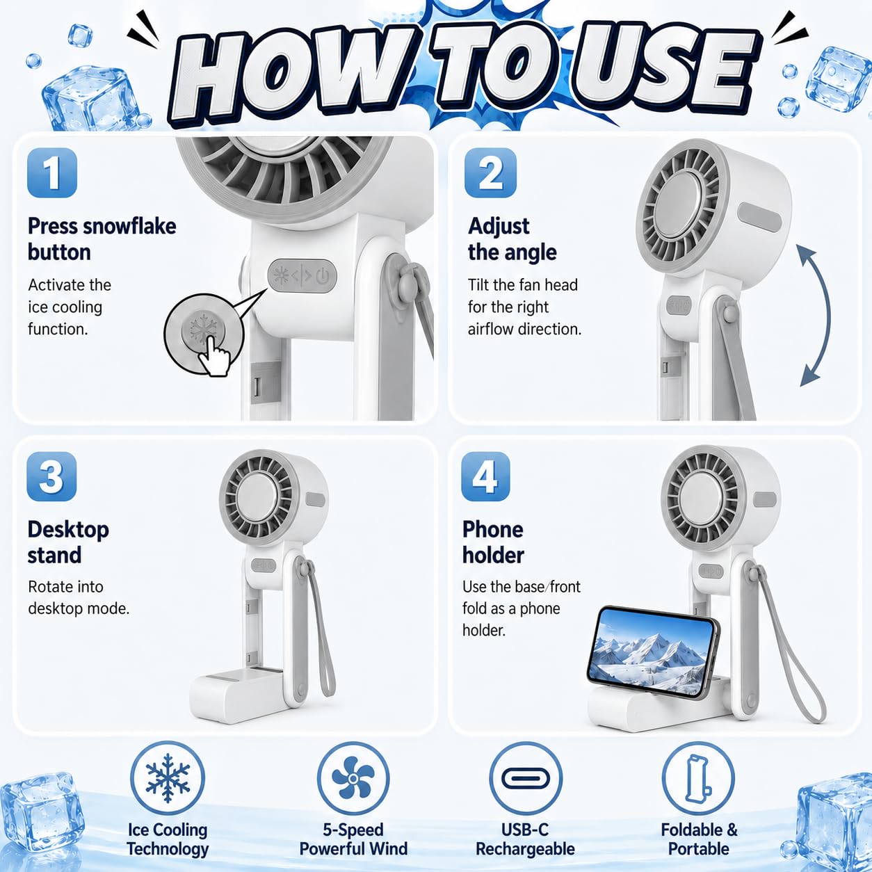 Ice Cooling Folding Fan – 180° Foldable Portable Mini Fan thumbnail 13