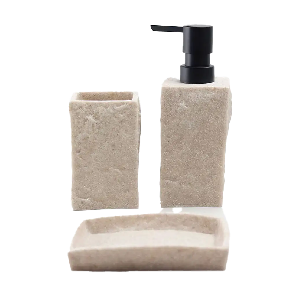 3-Piece Beige Stone Bathroom Accessory Set – Soap Dispenser, Toothbrush Holder & Soap Dish thumbnail 2