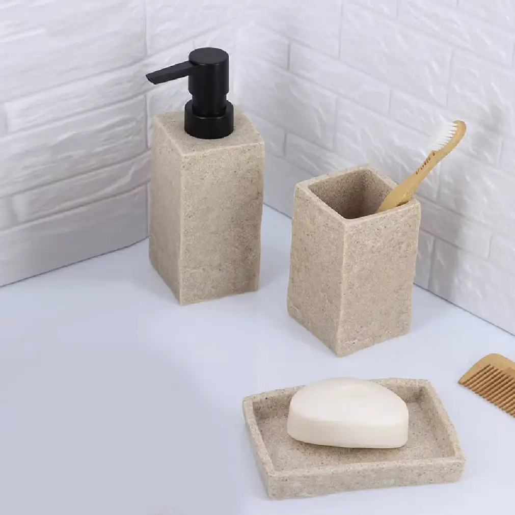 3-Piece Beige Stone Bathroom Accessory Set – Soap Dispenser, Toothbrush Holder & Soap Dish thumbnail 3